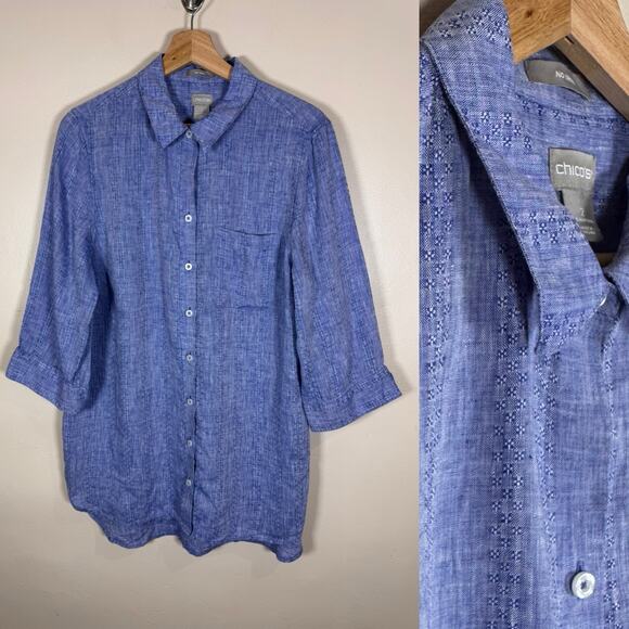 Chicos Blue Button Down Shirt 100% Linen 3/4 Sleeve NO IRON Tunic 12/14 - Picture 1 of 12
